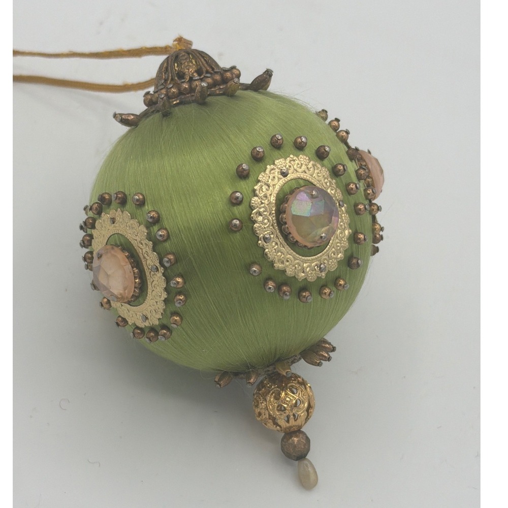 Vtg Handcrafted Green Satin Push Pin Christmas Ornament Jeweled Gold Filigree